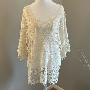 NWT BLVD Cream Crochet Lace-Up Top, 100% Cotton, One Size